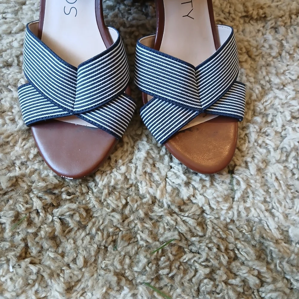Sole Society Joaey Blue Striped Block Heel Sandals Women's Size 6B